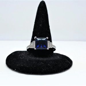WOMEN'S 925 SILVER BLUE SAPPHIRE PRINCESS CUT RING